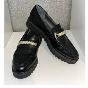 Franco Sarto Carol Bling Loafers 7 Black Rhinestone Lug Sole Preppy Academia